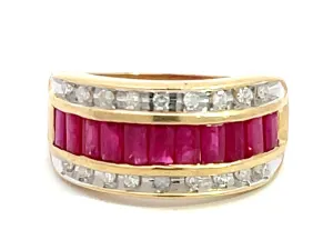 Baguette Ruby and Diamond Border Triple Row Wide Band Ring in 14k Yellow Gold
