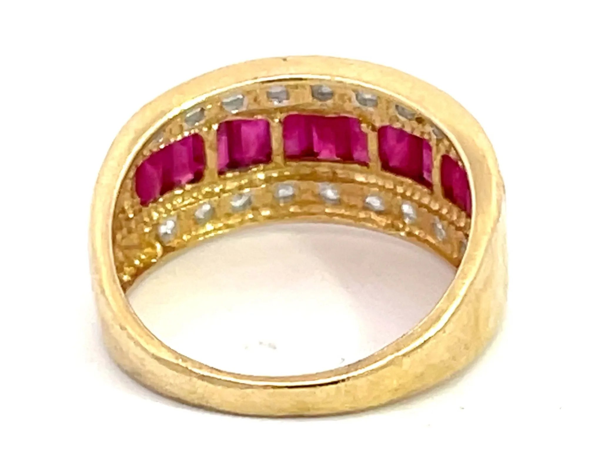 Baguette Ruby and Diamond Border Triple Row Wide Band Ring in 14k Yellow Gold