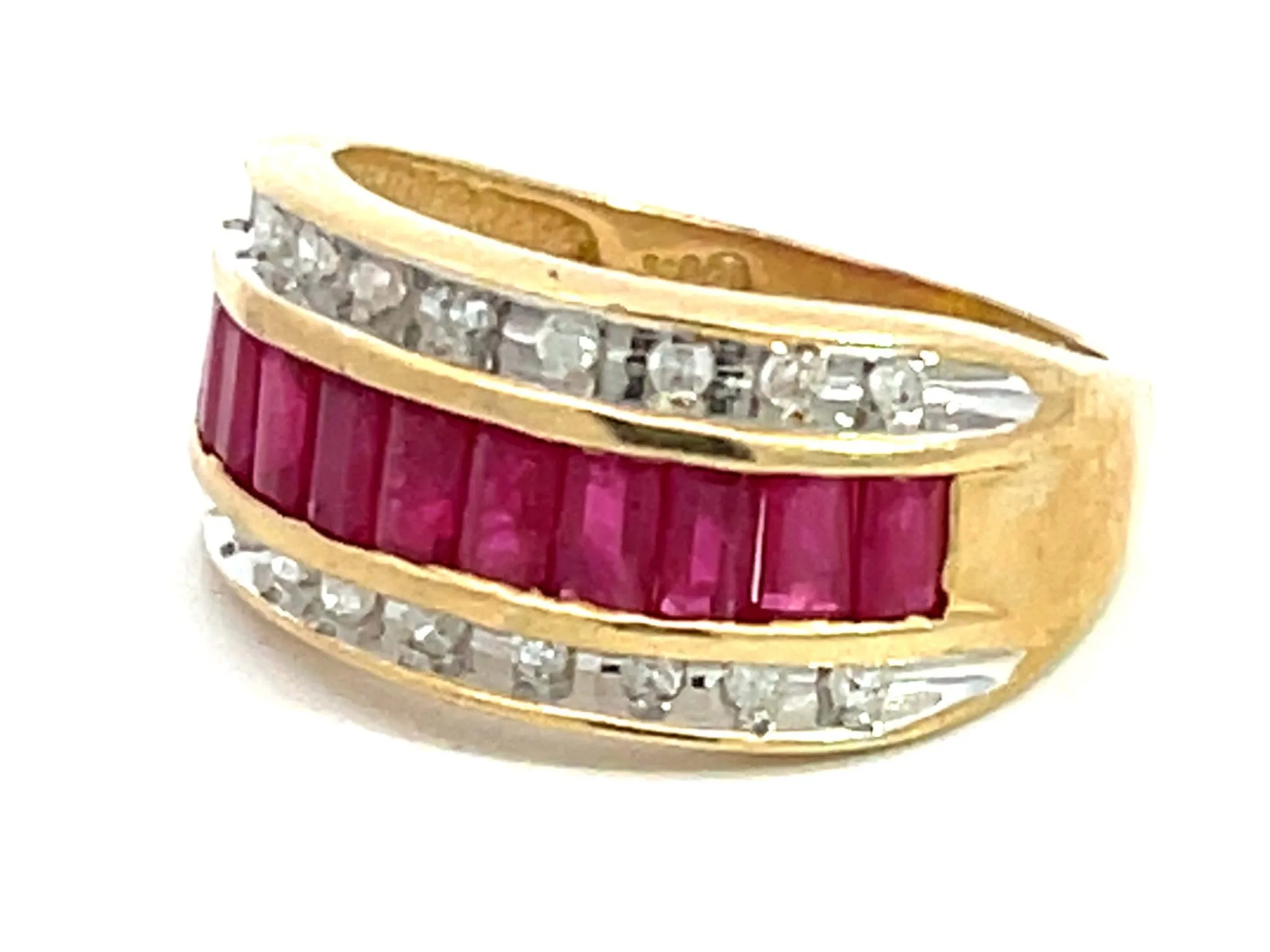 Baguette Ruby and Diamond Border Triple Row Wide Band Ring in 14k Yellow Gold