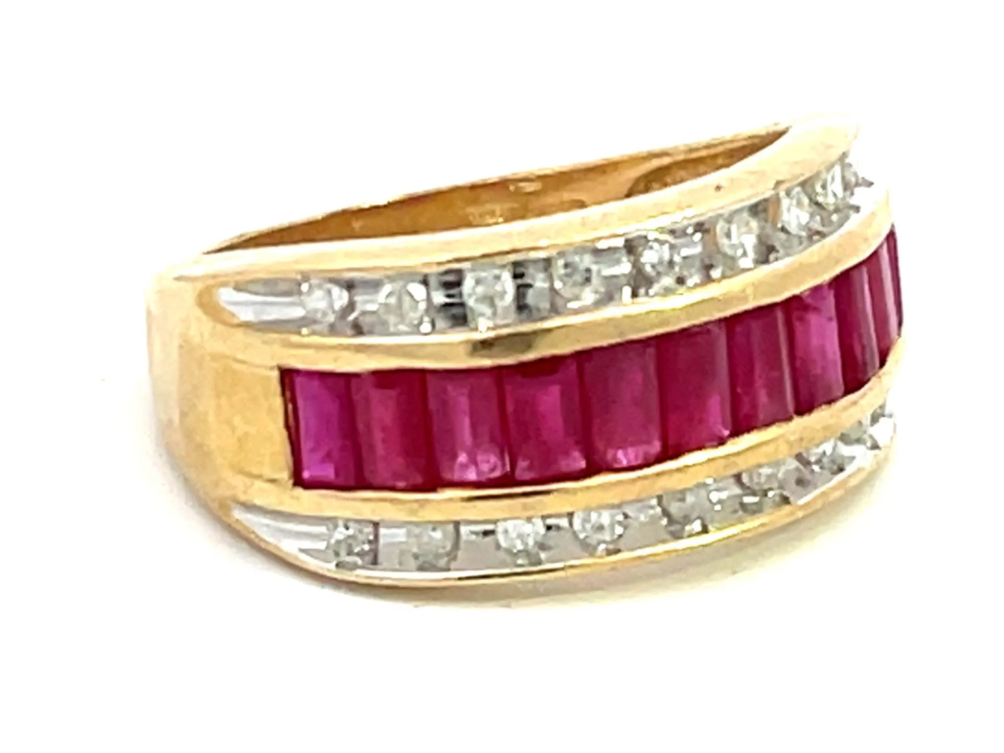Baguette Ruby and Diamond Border Triple Row Wide Band Ring in 14k Yellow Gold