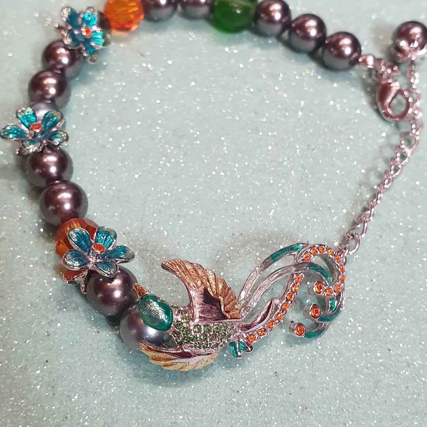 Bill Skinner Bird of Paradise Bracelet Silver Pearl Green Enamel Crystal