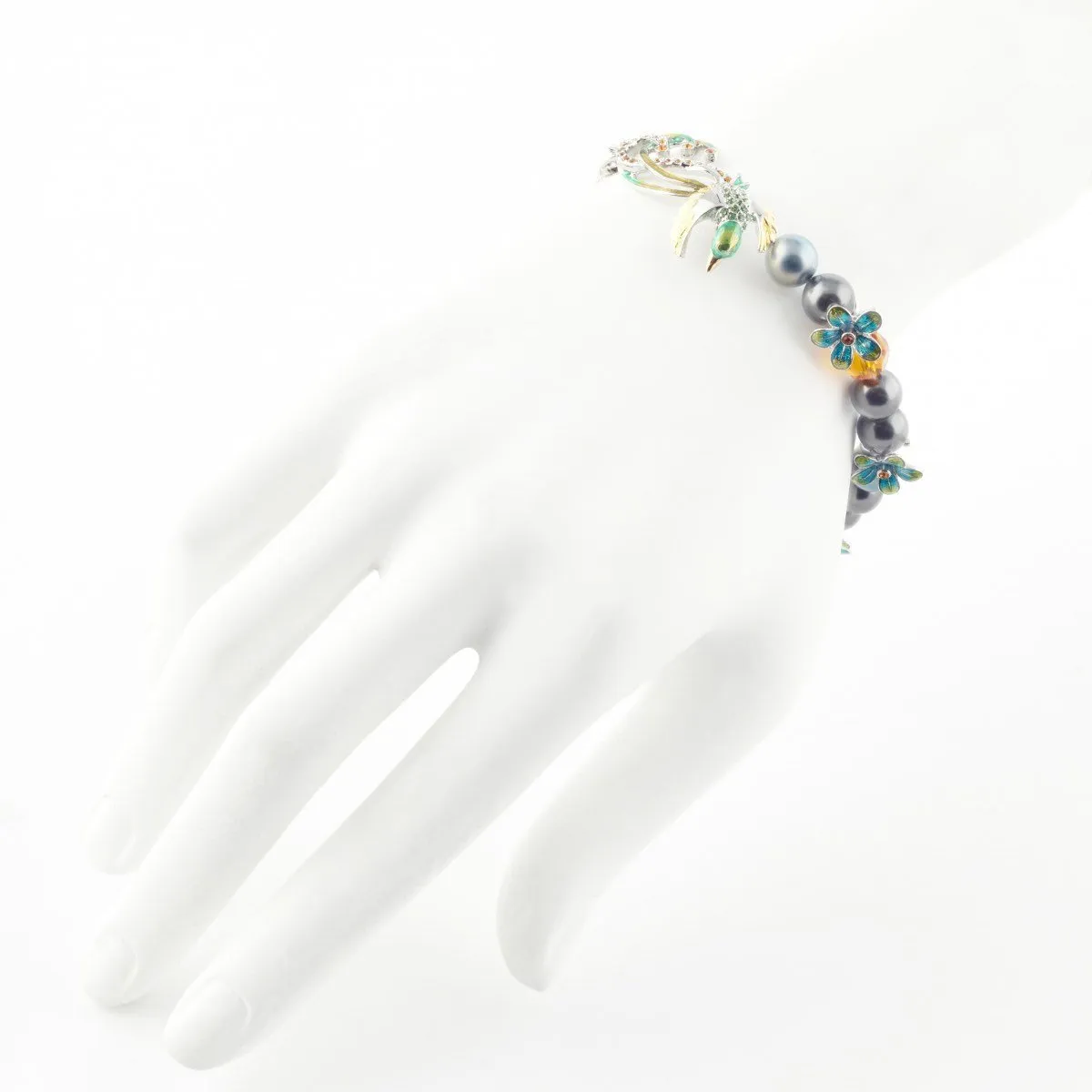 Bill Skinner Bird of Paradise Bracelet Silver Pearl Green Enamel Crystal