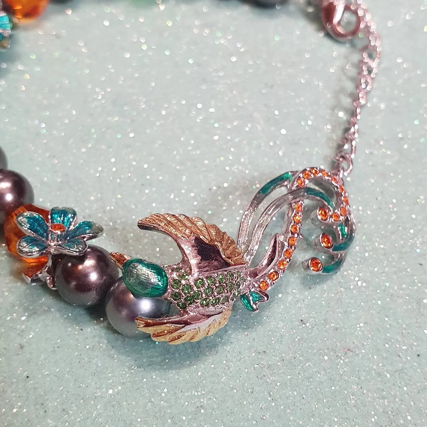 Bill Skinner Bird of Paradise Bracelet Silver Pearl Green Enamel Crystal