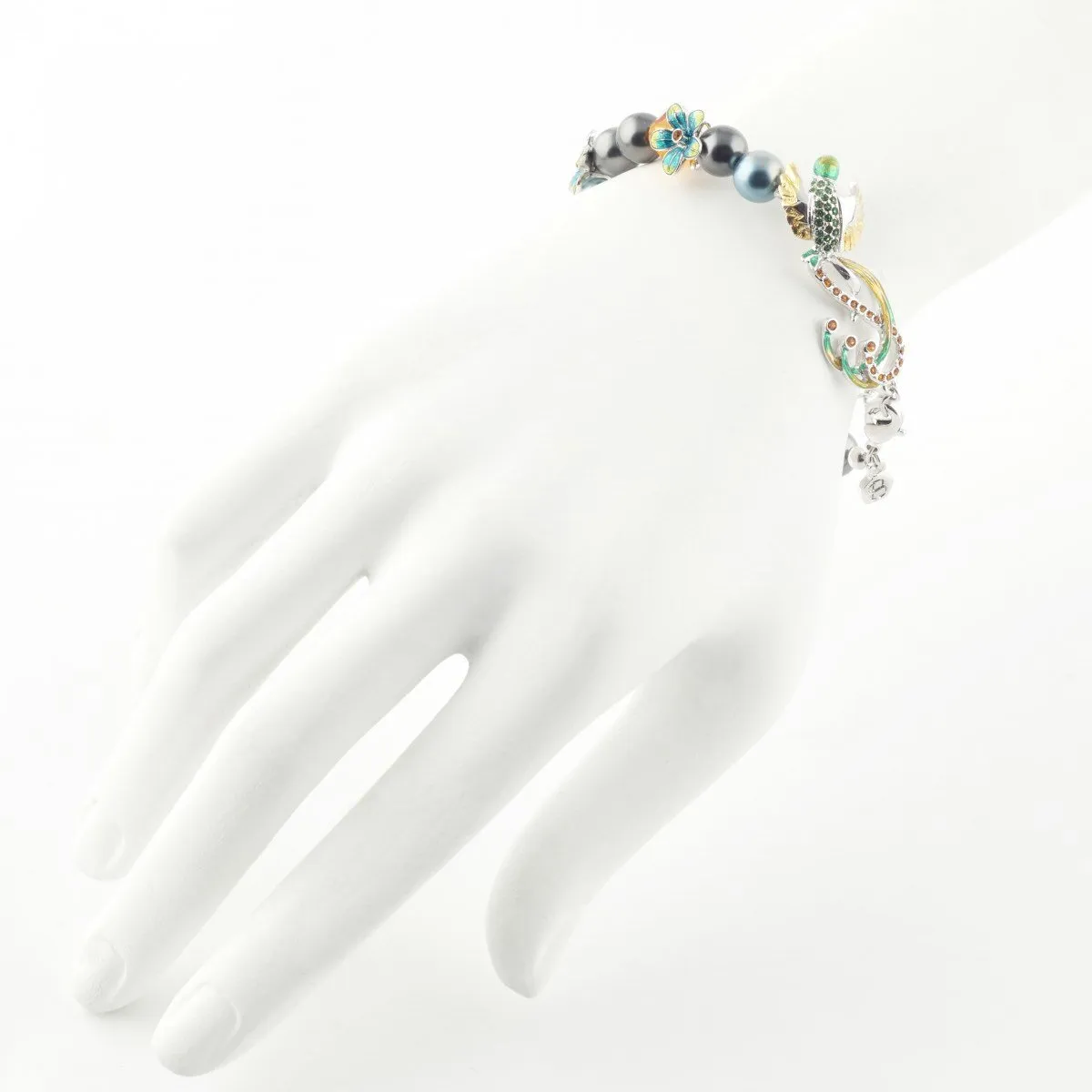 Bill Skinner Bird of Paradise Bracelet Silver Pearl Green Enamel Crystal