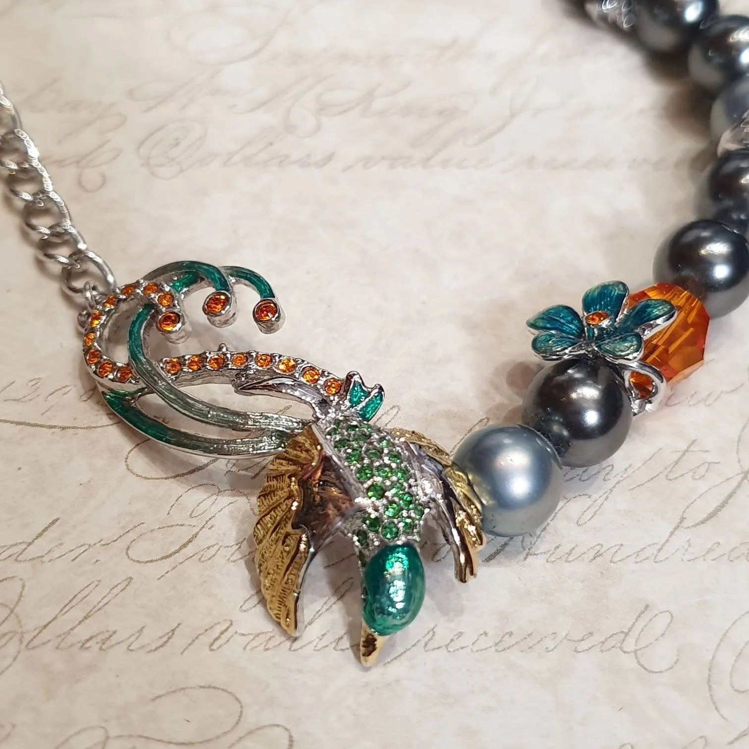 Bill Skinner Bird of Paradise Bracelet Silver Pearl Green Enamel Crystal