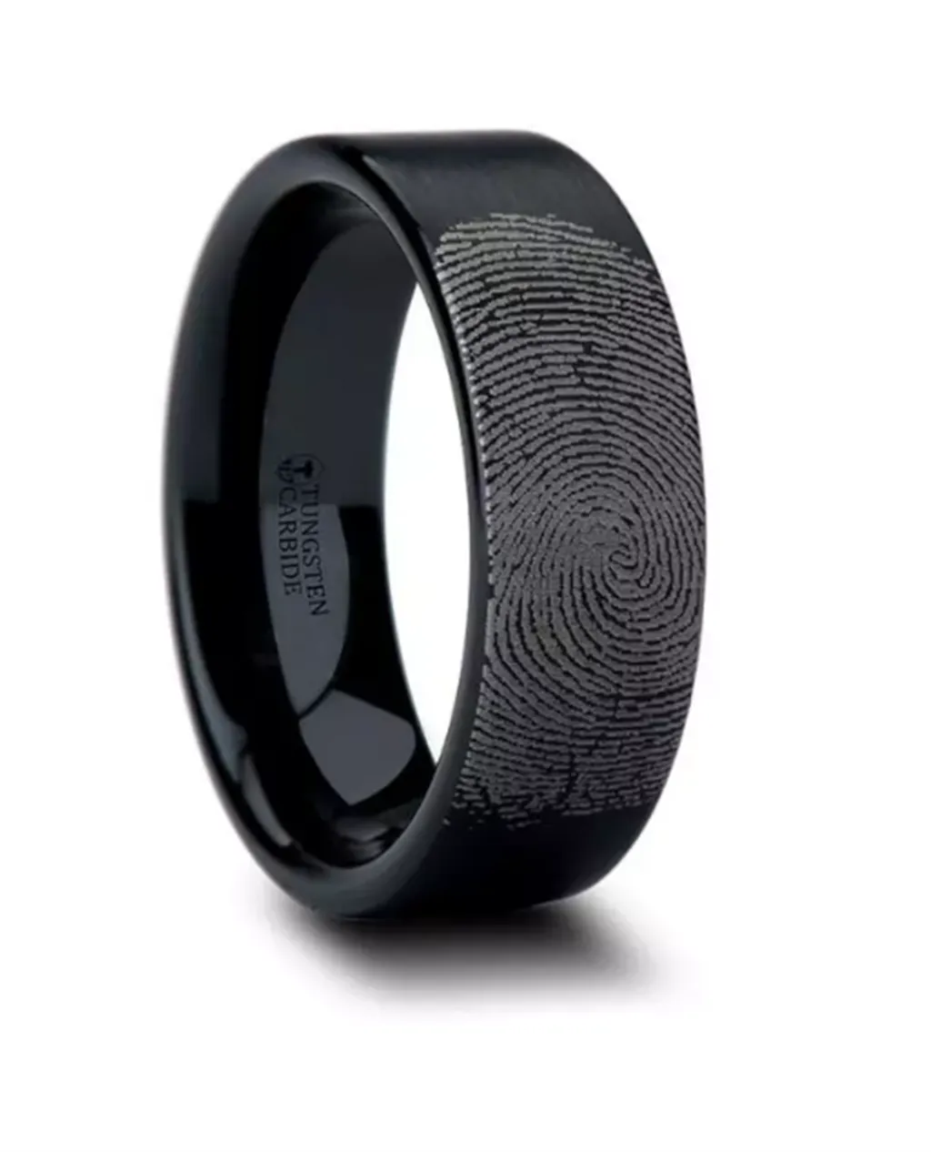 Black Tungsten ??San Antonio?? Fingerprint Engraved Flat Pipe Cut Wedding Band