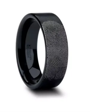 Black Tungsten ??San Antonio?? Fingerprint Engraved Flat Pipe Cut Wedding Band