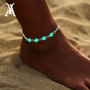 Bohemia Luminous Heart Pendant Anklets For Women Pretty Bracelet on the Leg Lover Anklet Fashion Female Foot Jewelry Party Gift
