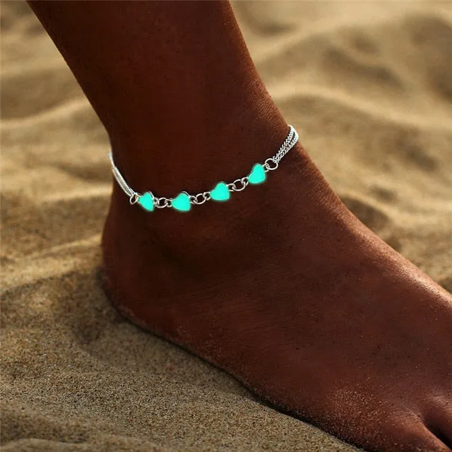 Bohemia Luminous Heart Pendant Anklets For Women Pretty Bracelet on the Leg Lover Anklet Fashion Female Foot Jewelry Party Gift