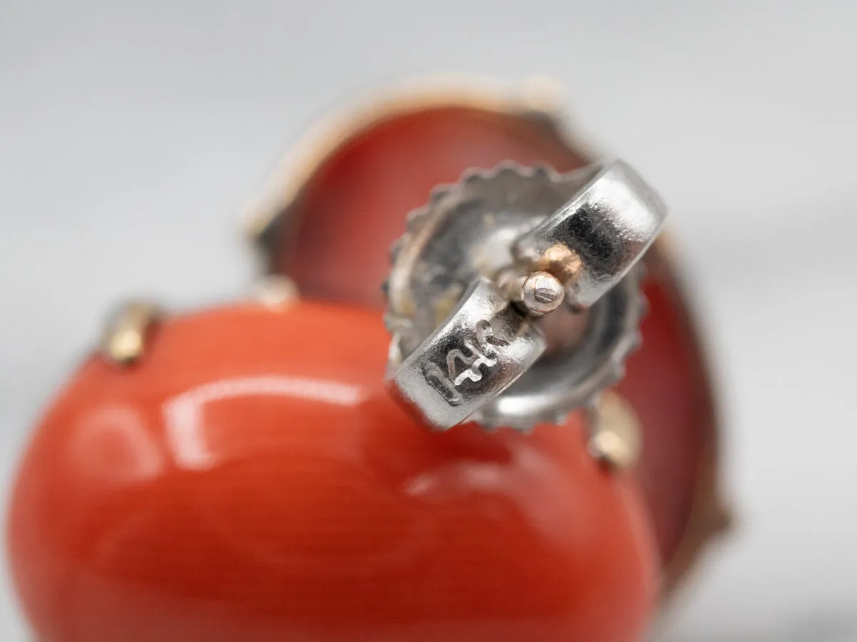 Bright Coral Solitaire Stud Earrings