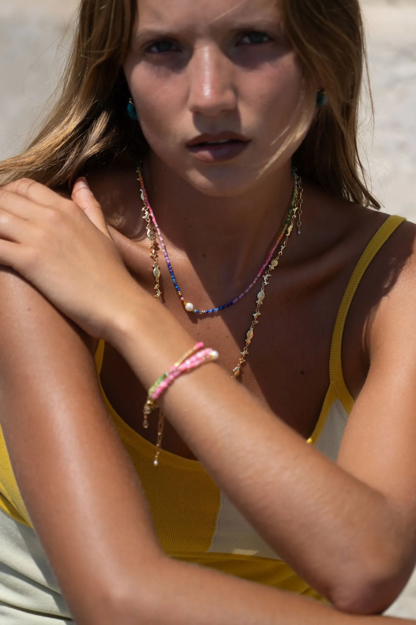 Capri Gold Plated Necklace w. Mixed Coloured Beads