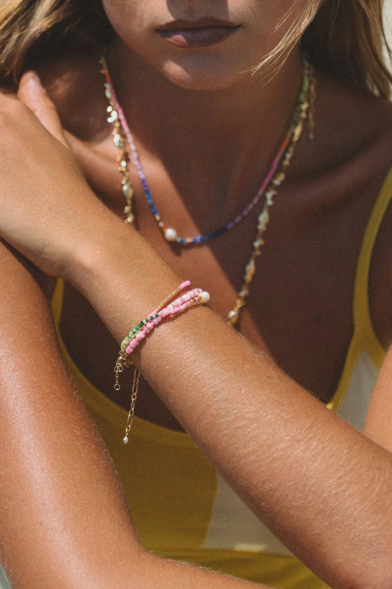 Capri Gold Plated Necklace w. Mixed Coloured Beads