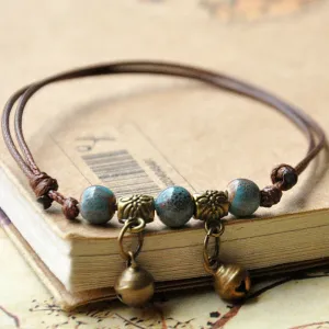 Ceramic Beads Bracelets Weave Rope Chain Silver Bronze Bell Charm Cuff Bangles Adjustable Wristbands Women Ethnic Jewelry Anklet