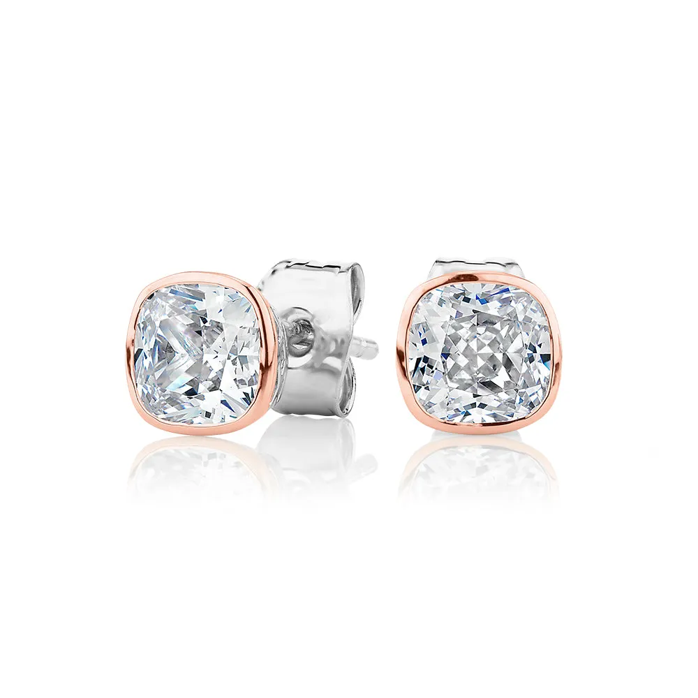 Cushion stud earrings with 1.52 carats* of diamond simulants in 10 carat rose gold and sterling silver