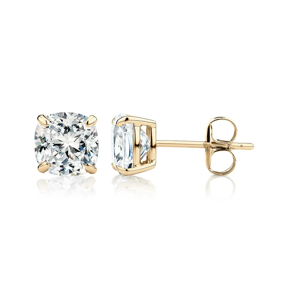 Cushion stud earrings with 3 carats* of diamond simulants in 10 carat yellow gold