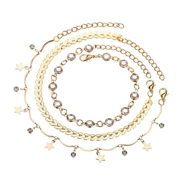 Delicate Summer Beach Women Tassel Star Pendant Layers Ankle 3 Pcs/Lot Link Chain Anklets Foot Bracelet On The Leg Jewelry