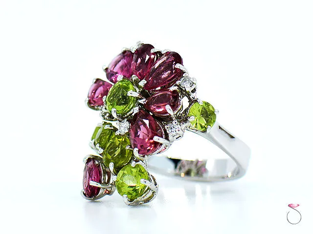 Designer Tourmaline, Peridot & Diamond Floral Cluster Ring By Assor Gioielli