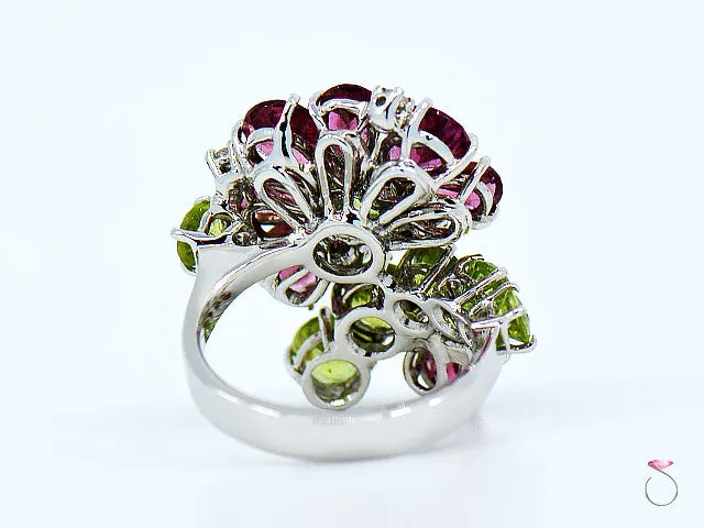 Designer Tourmaline, Peridot & Diamond Floral Cluster Ring By Assor Gioielli