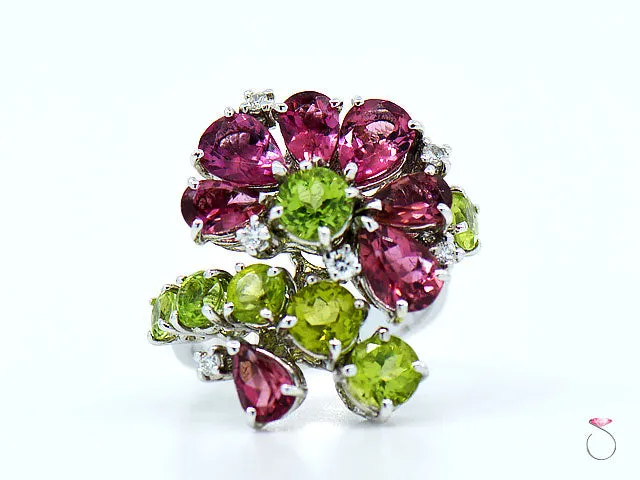 Designer Tourmaline, Peridot & Diamond Floral Cluster Ring By Assor Gioielli