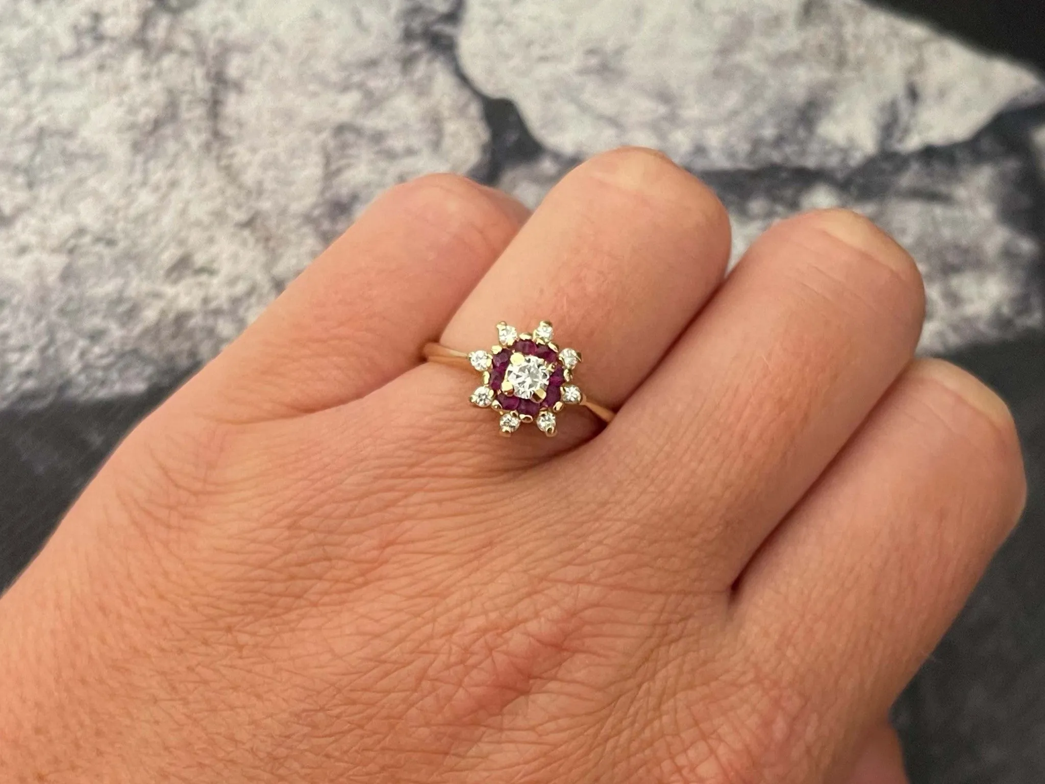 Diamond Ruby Halo Flower Ring in 14k Yellow Gold