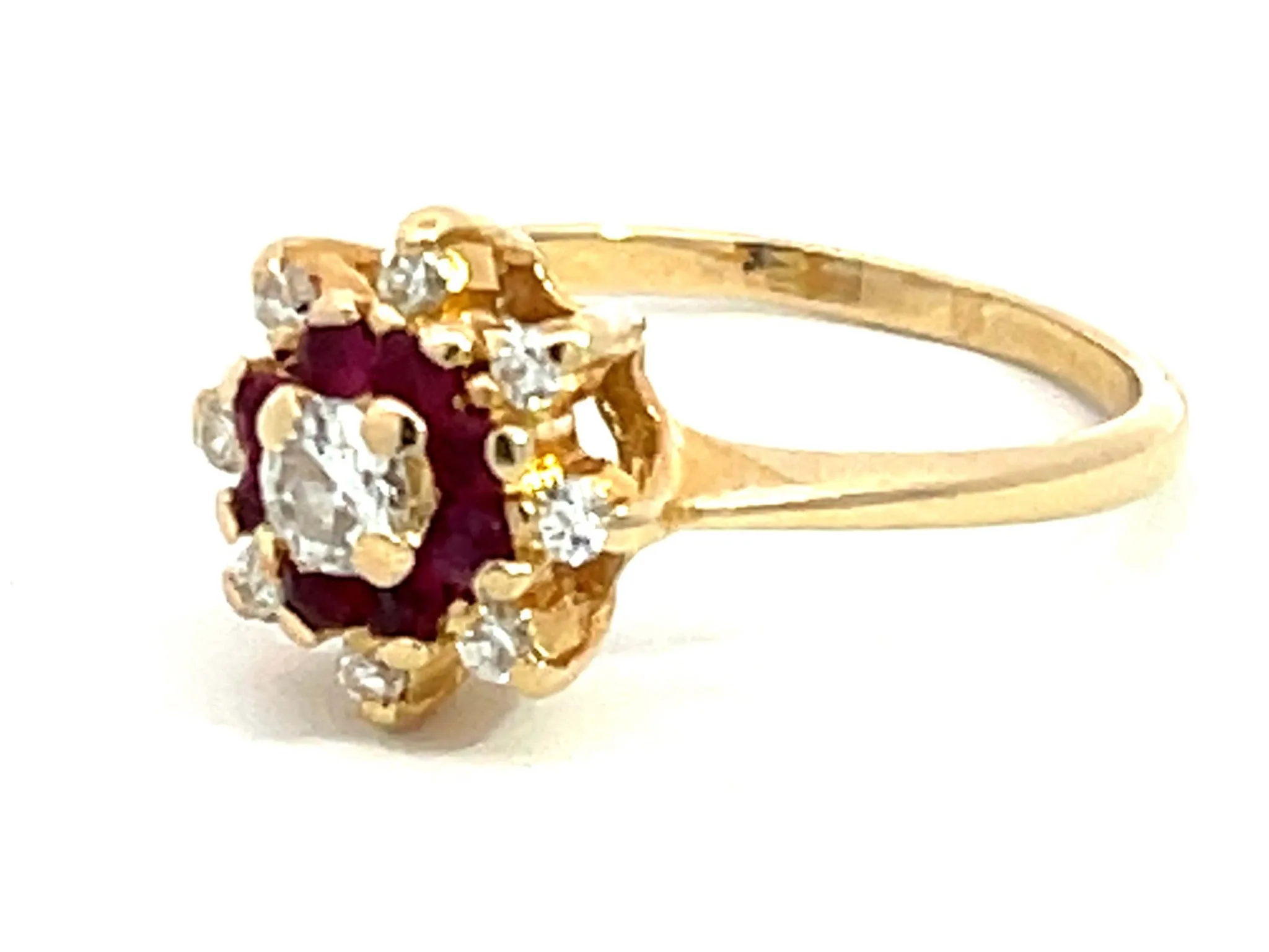 Diamond Ruby Halo Flower Ring in 14k Yellow Gold