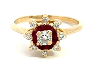 Diamond Ruby Halo Flower Ring in 14k Yellow Gold