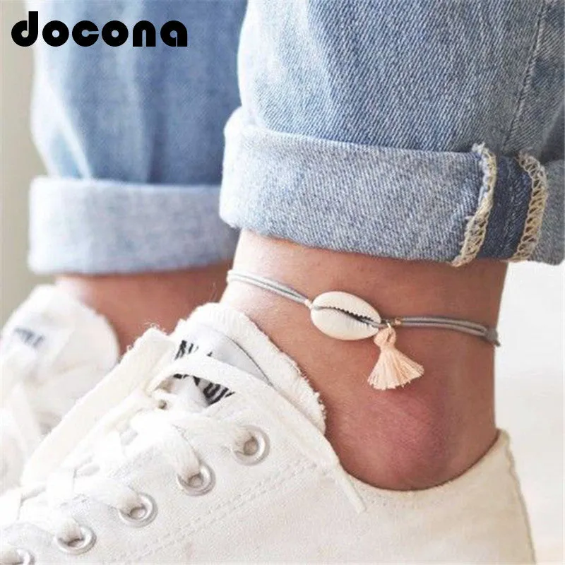 docona Boho Tassel Shell Pendant Anklet for Women Girl Gray Rope Adjustable Anklets Bracelets Beach Foot Jewelry 6763