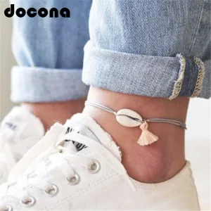 docona Boho Tassel Shell Pendant Anklet for Women Girl Gray Rope Adjustable Anklets Bracelets Beach Foot Jewelry 6763