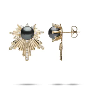 E Ho???la Tahitian Black Pearl Earrings in Gold with Diamonds - 23mm