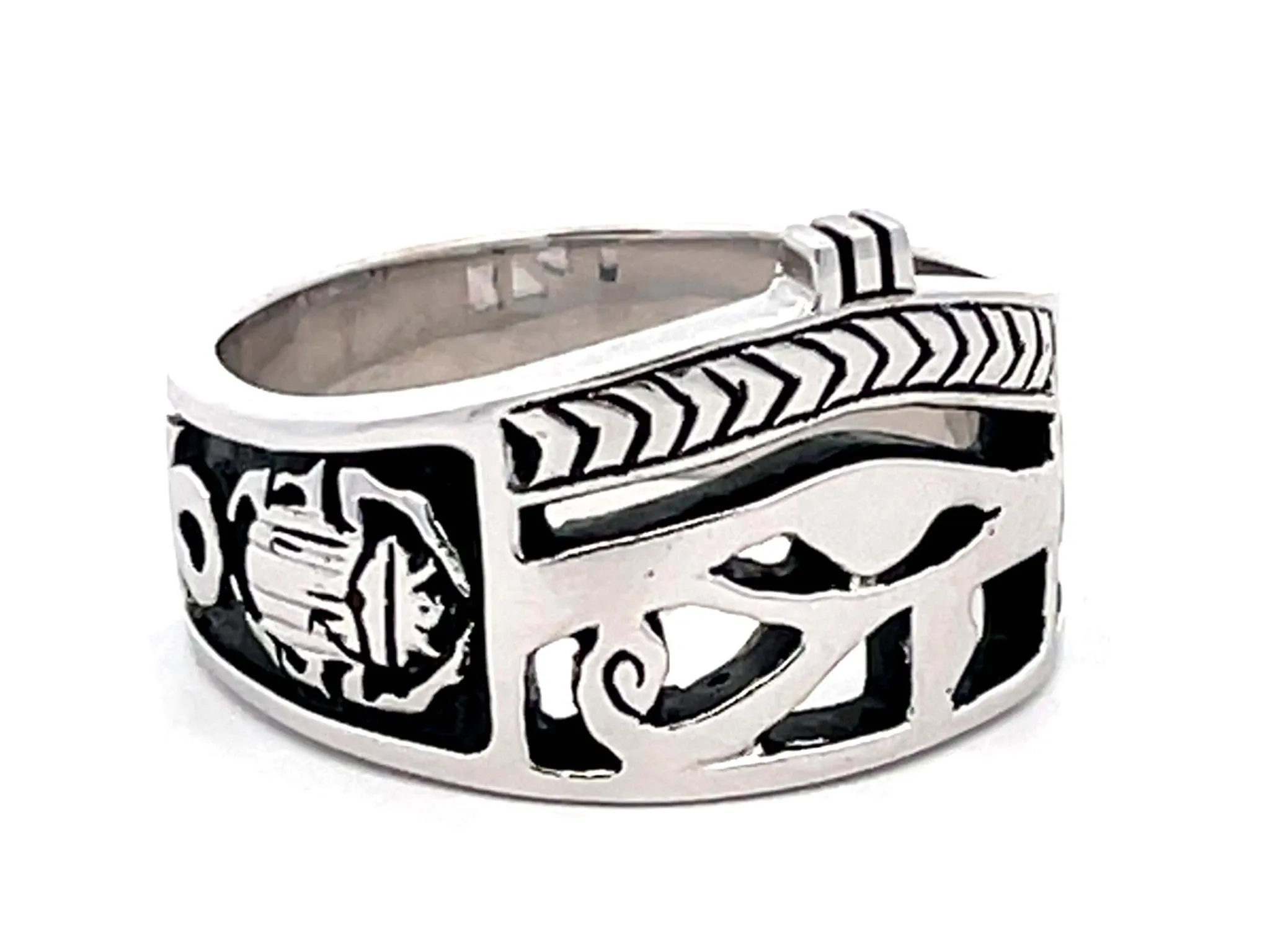 Egyptian Eye of Horus Ankh Cross Ring in 18k White Gold