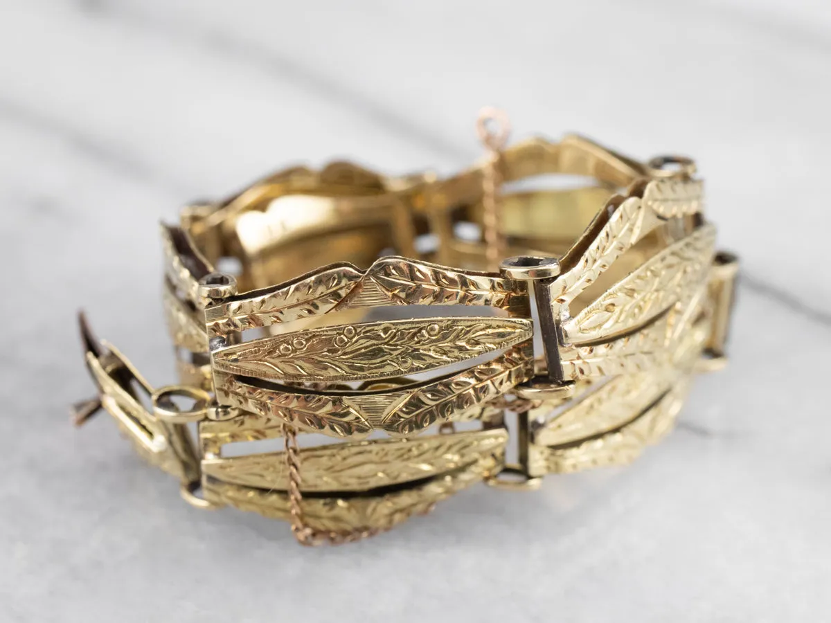 Engraved Antique Gold Panel Link Bracelet