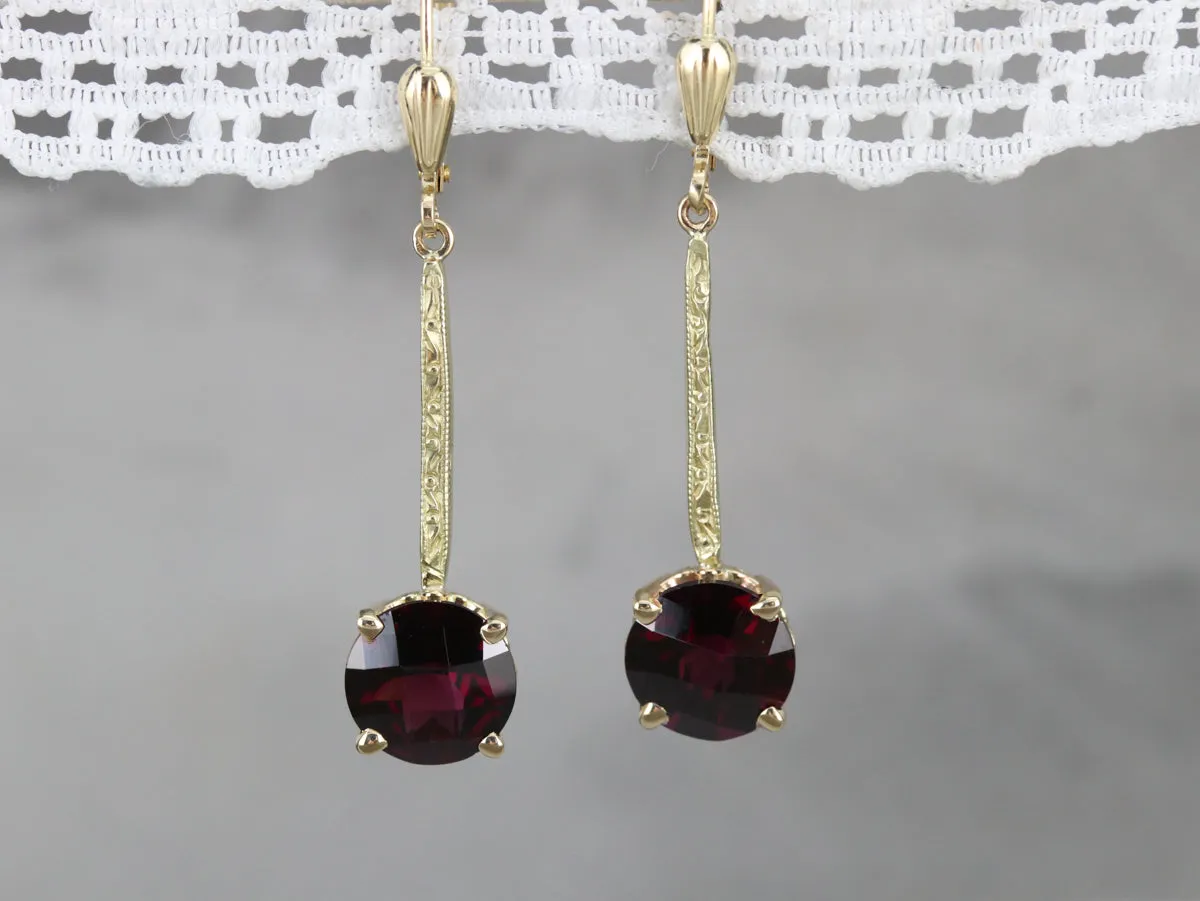 Engraved Long Garnet Drop Earrings
