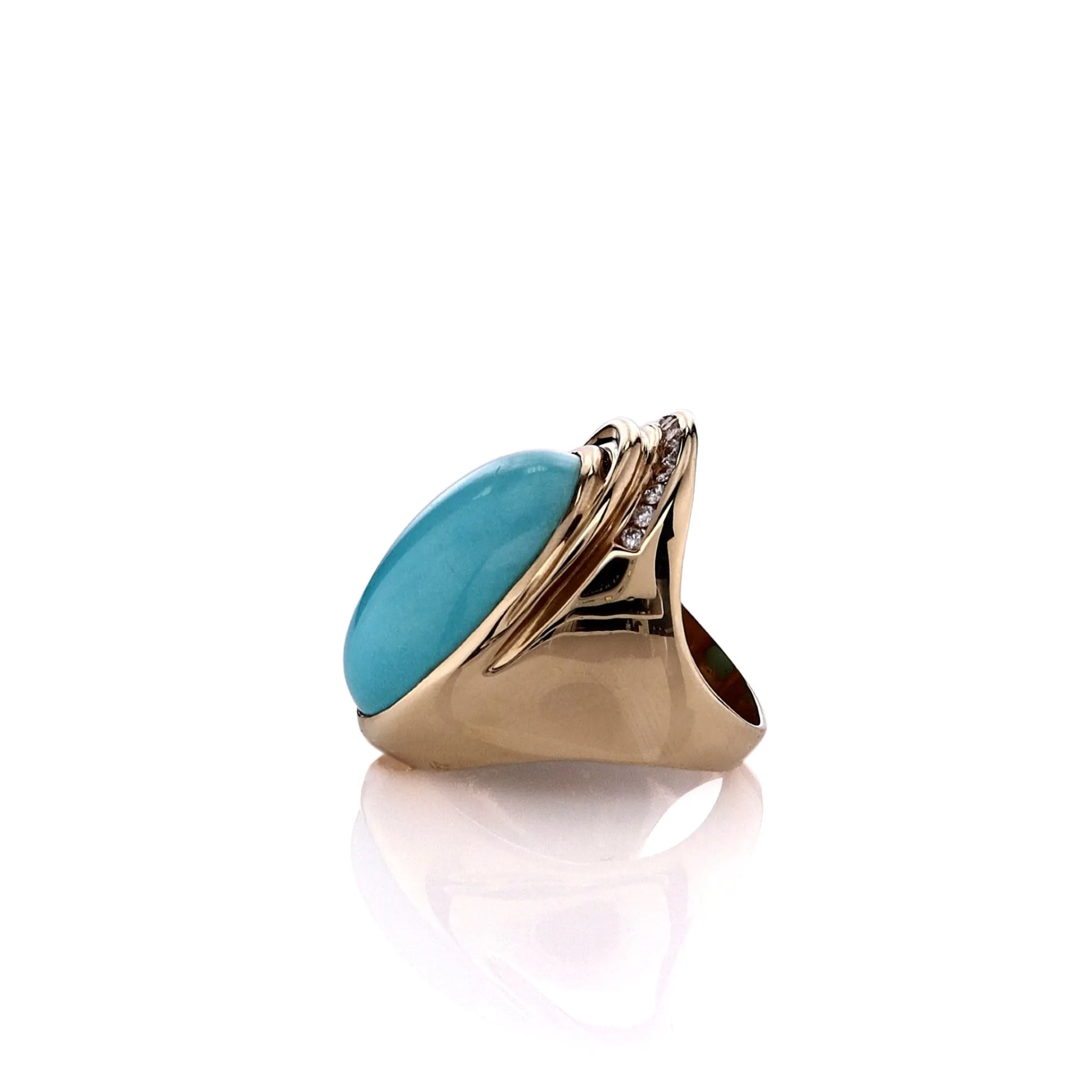 Estate 14k Yellow Gold 26x18mm Cabochon Turquoise and Diamond Ring