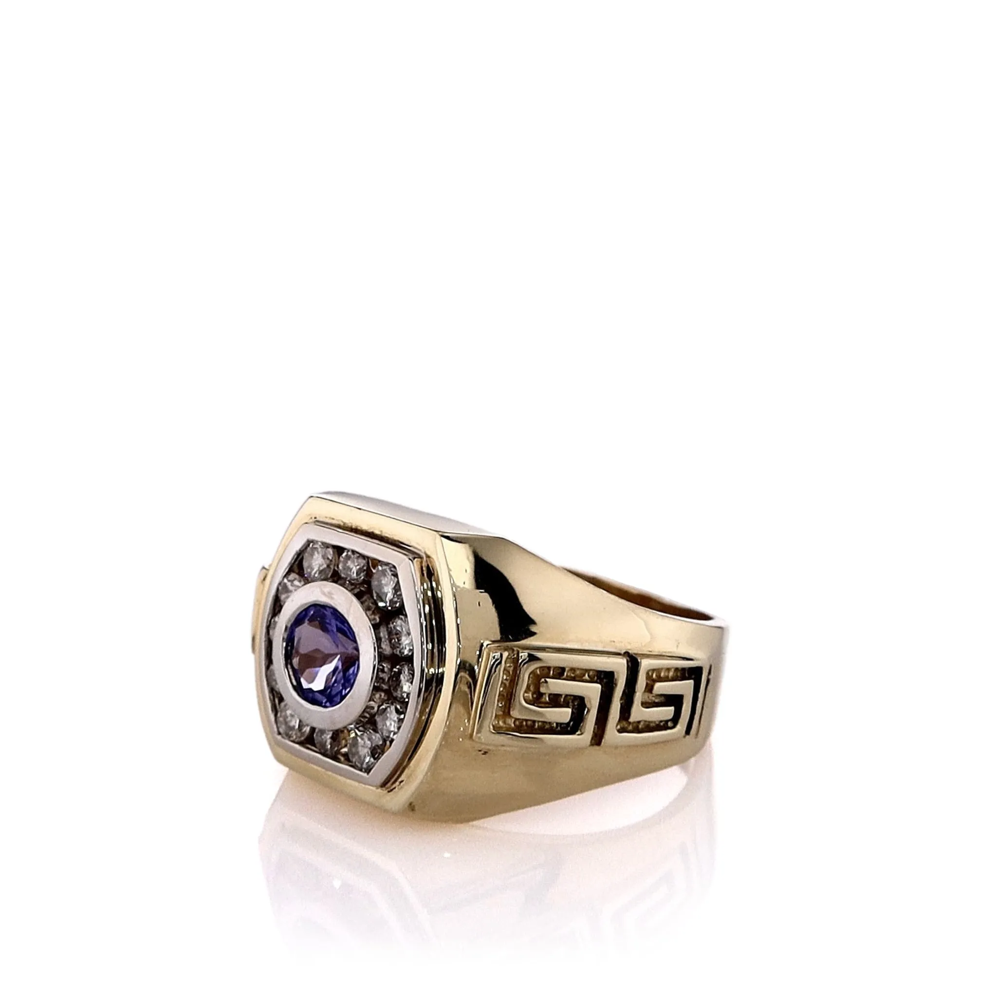 Estate 14k Yellow Gold Gents Greek Key Shank Tanzanite and Diamond Halo Ring