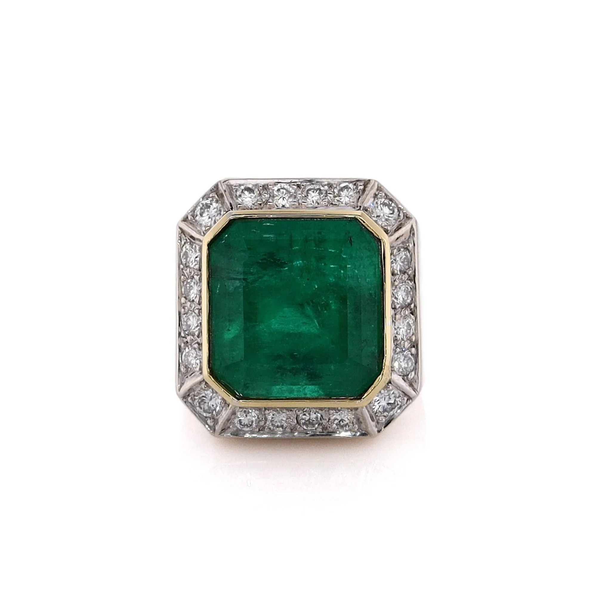 Estate 18 Karat Two-Tone Emerald Ring With Diamond Surround