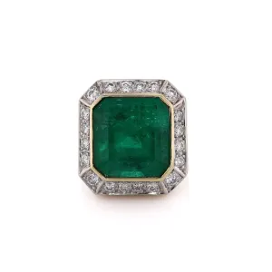 Estate 18 Karat Two-Tone Emerald Ring With Diamond Surround