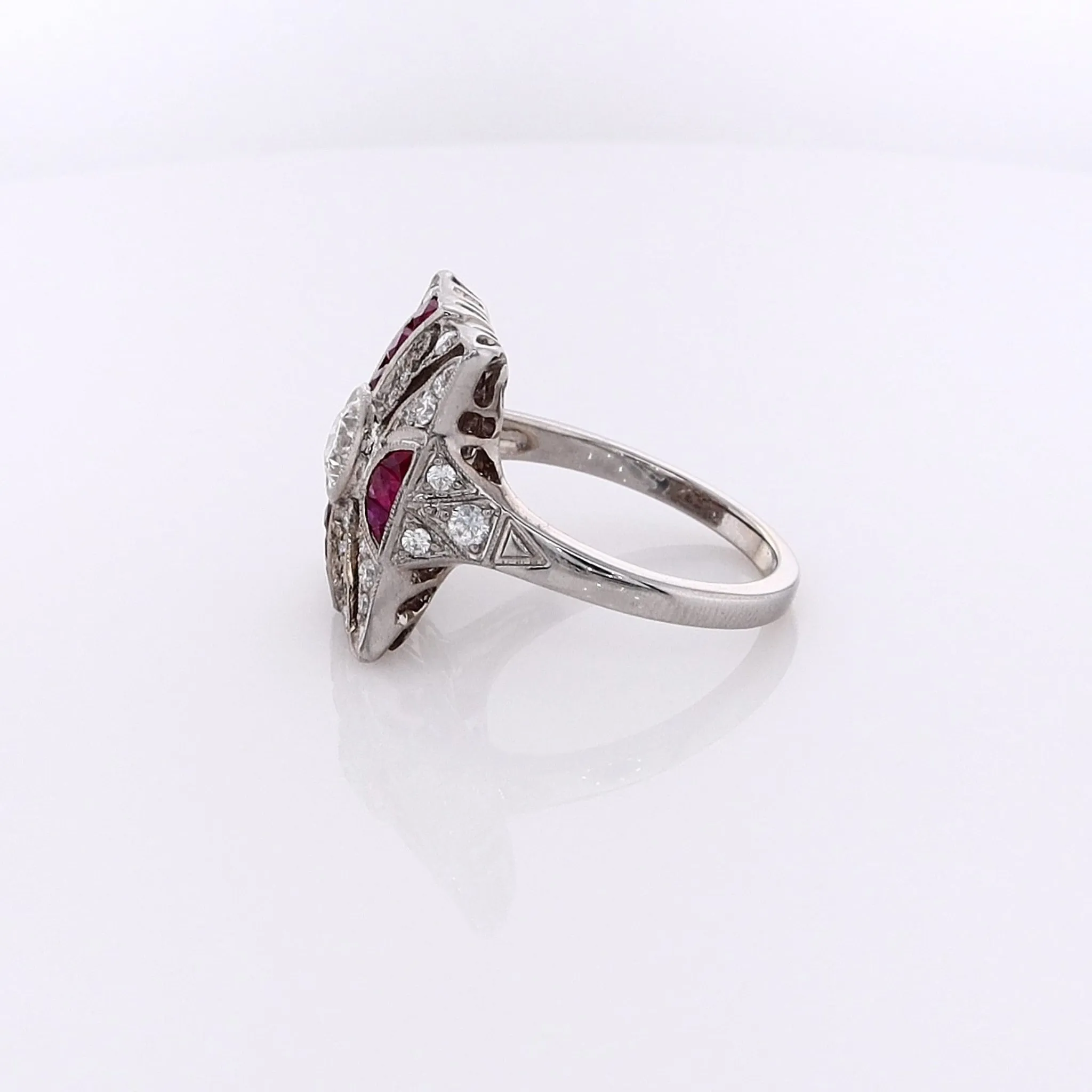 Estate 18 Karat White Gold Rectangular Design Ruby and Diamond Ring