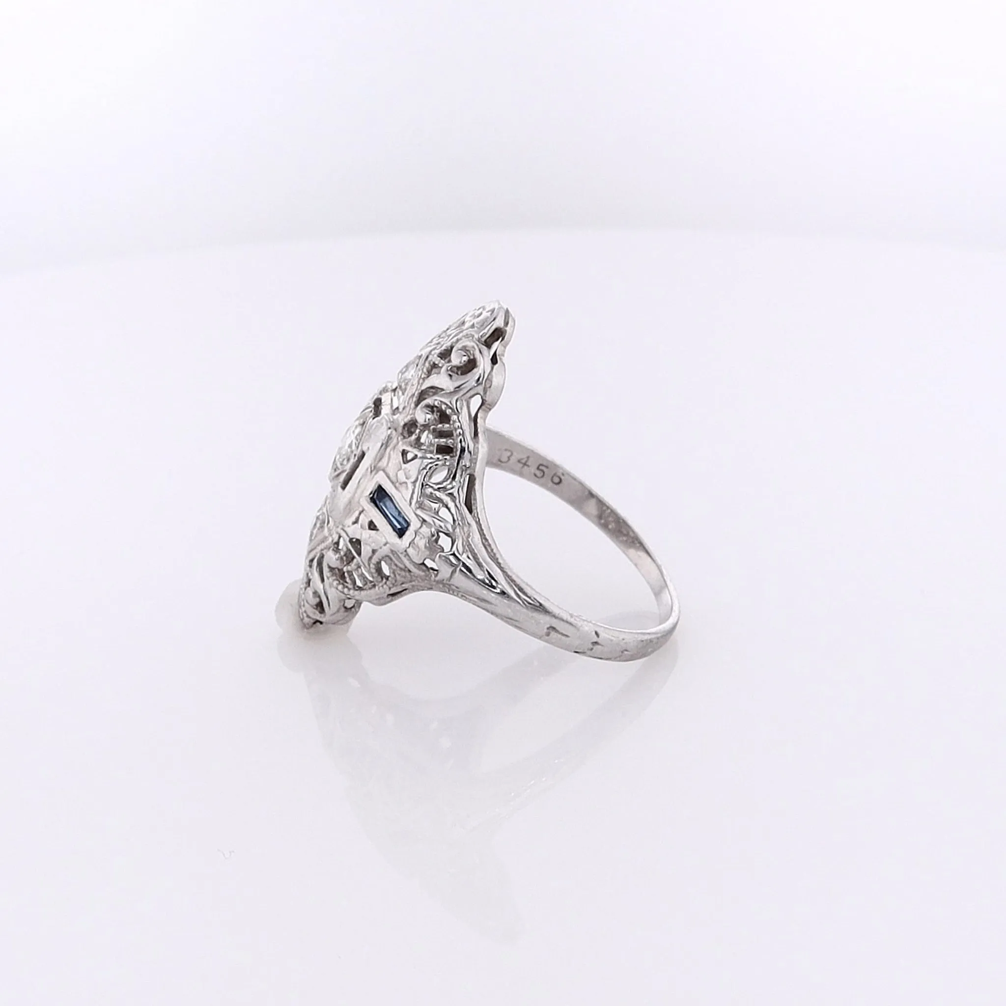 Estate 18 Karat White Gold Sapphire and Diamond Nevette Filagree Design Ring