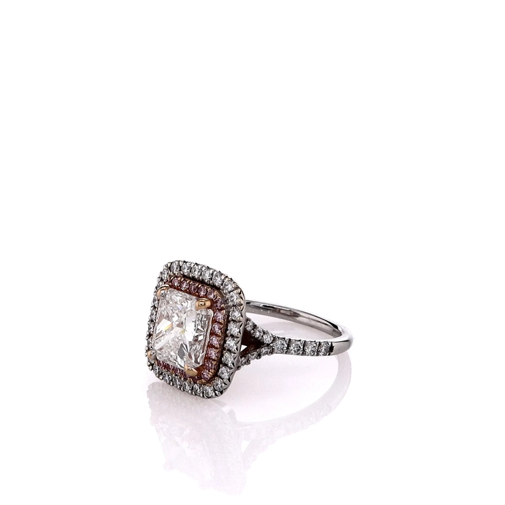 Estate 18k Two-Tone Pink Diamond Double Halo Split Shank Engagement Ring