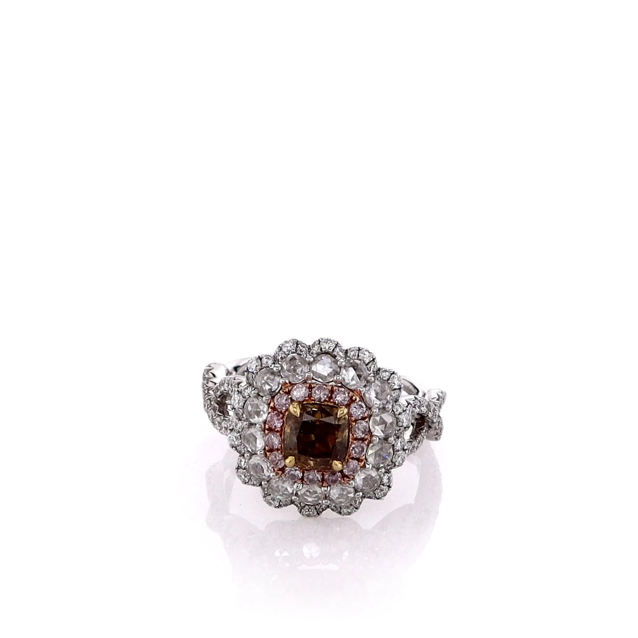Estate 18k White Gold Brown and Pink Diamond Triple Halo Twist Shank Ring