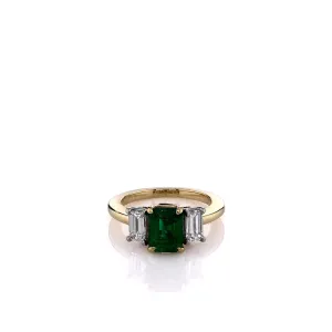 Estate 18k Yellow Gold Green Emerald and Diamond Three Stone Ring