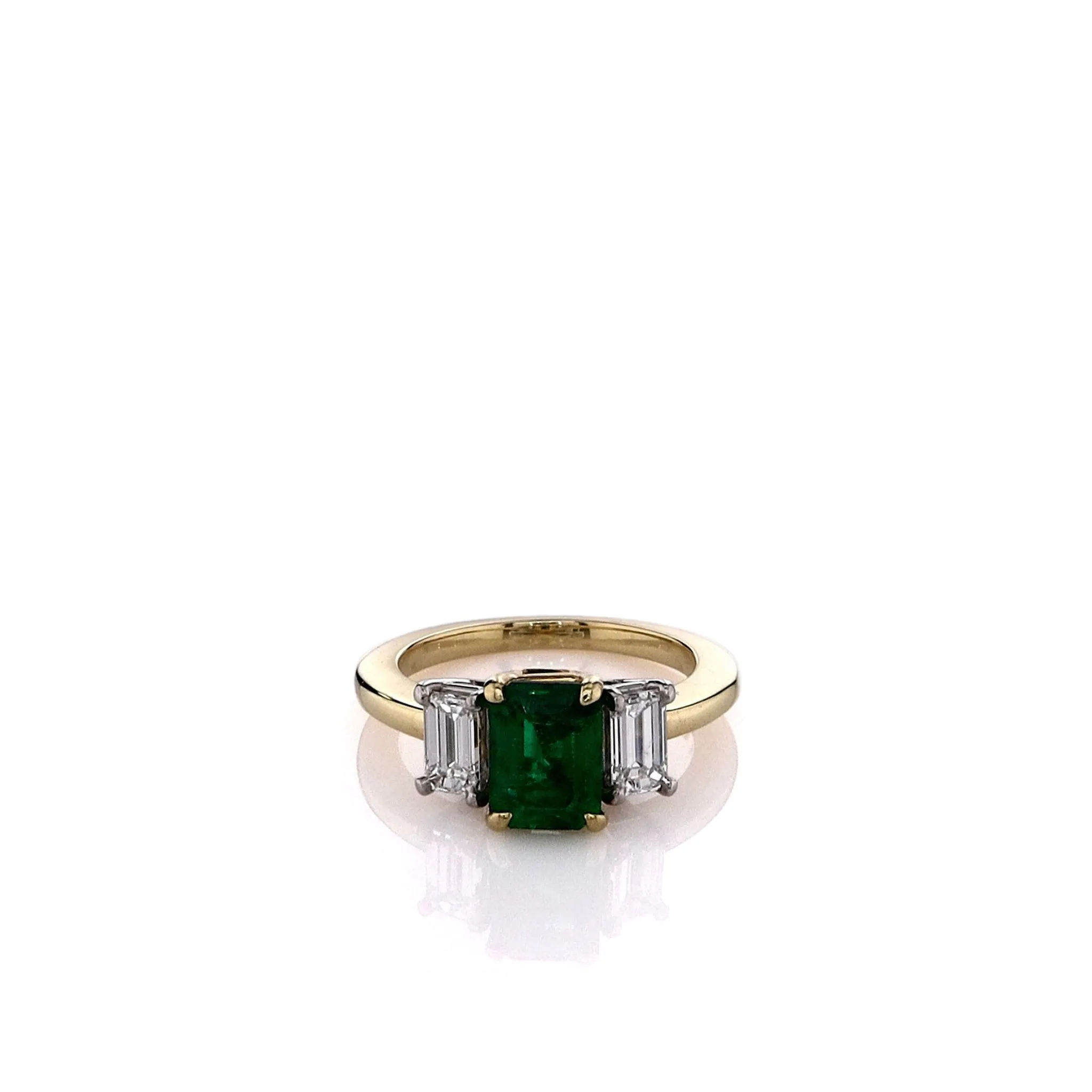 Estate 18k Yellow Gold Green Emerald and Diamond Three Stone Ring