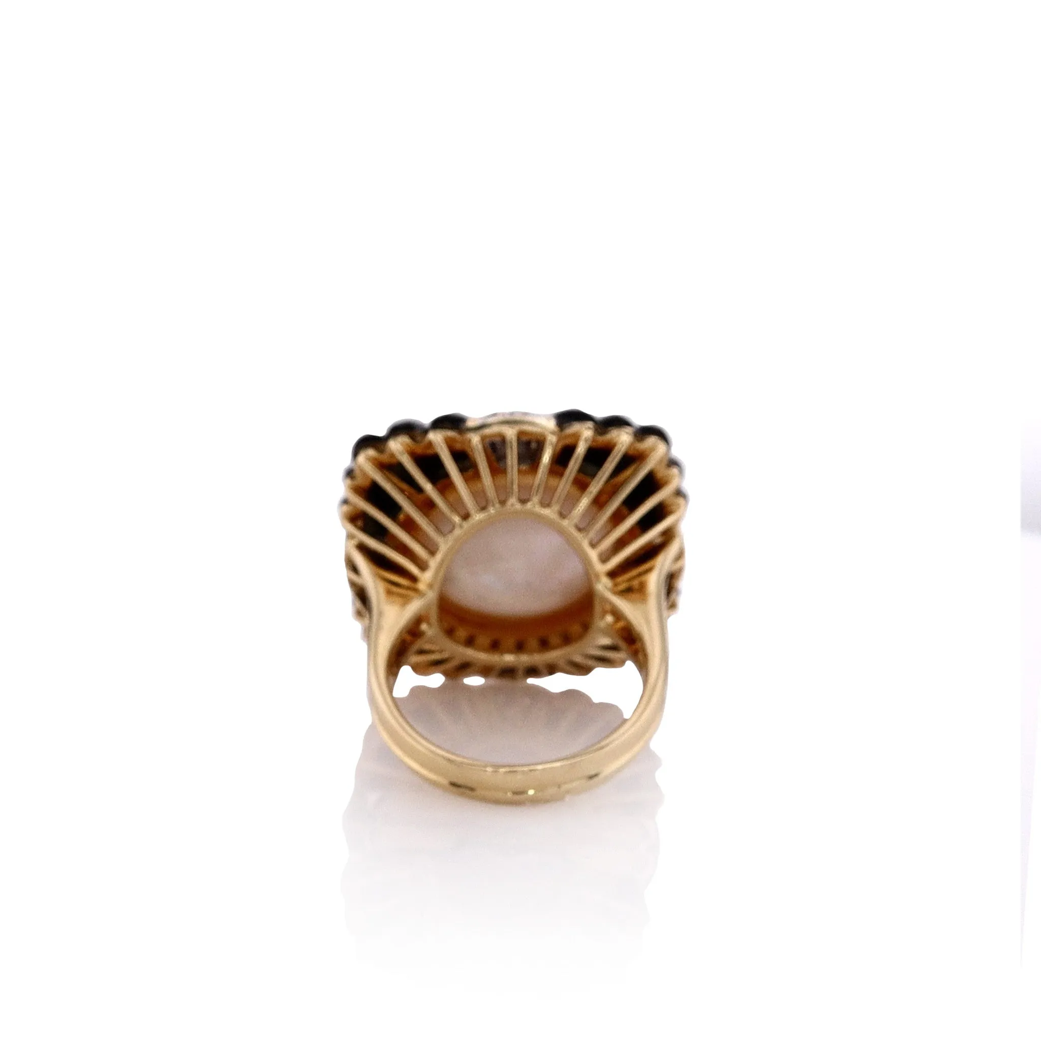 Estate 18k Yellow Gold Mabe Pearl Center With Carved Onyx and Diamond Statement Ring