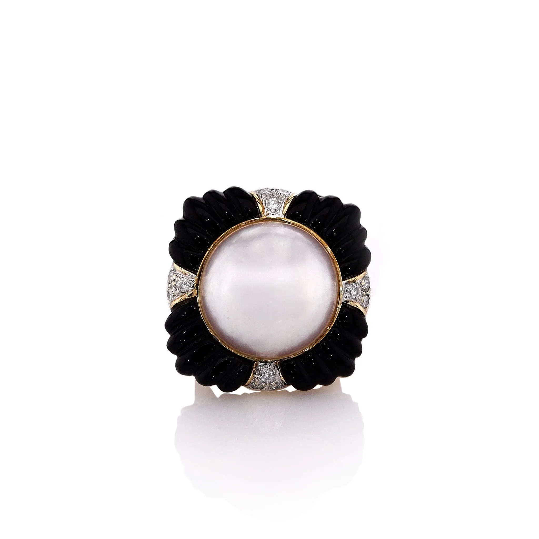 Estate 18k Yellow Gold Mabe Pearl Center With Carved Onyx and Diamond Statement Ring
