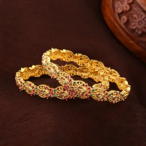 Estele Exquisite Peacock Design Gold-Plated 2:6 Size Bangles with Multi-Color Crystals| Elegant Traditional Jewelry for Women