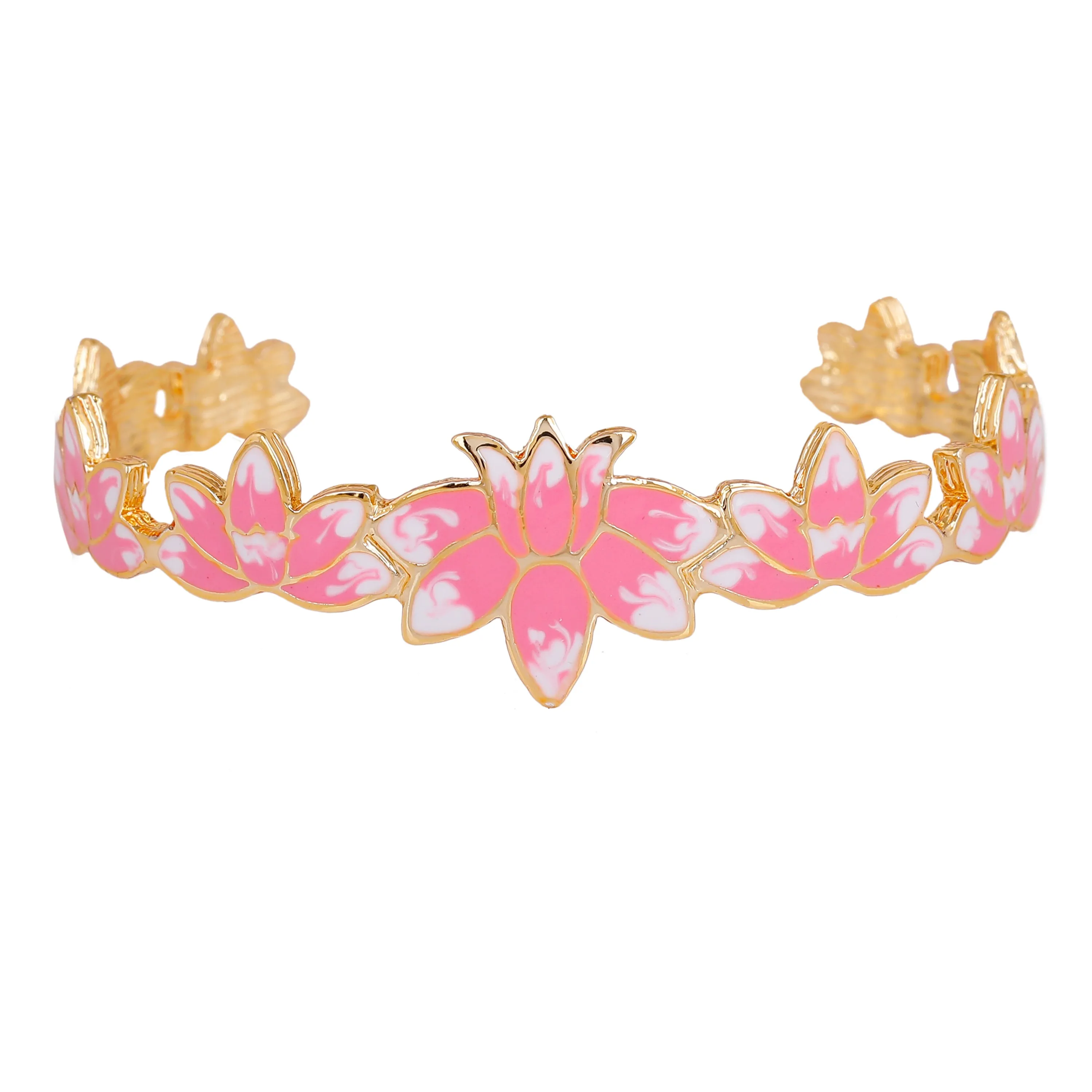 Estele Gold Plated Appealing Lotus Designer Cuff Bracelet with Pink Enamel for Girl's & Women