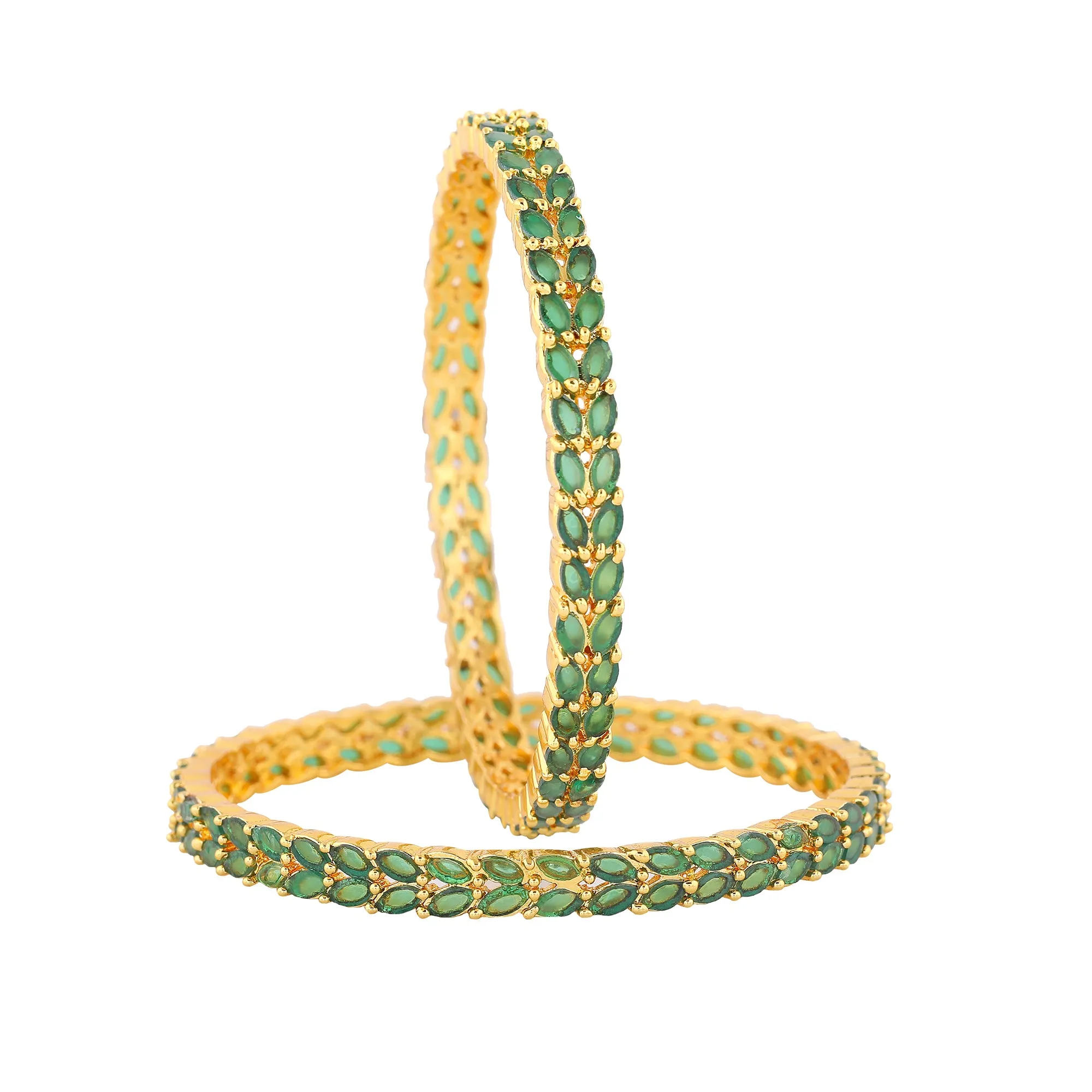 Estele Gold Plated Intricate Leafy Designer 2:6 Size Bangles with Green American Diamonds | Graceful Designer Jewelry for Women
