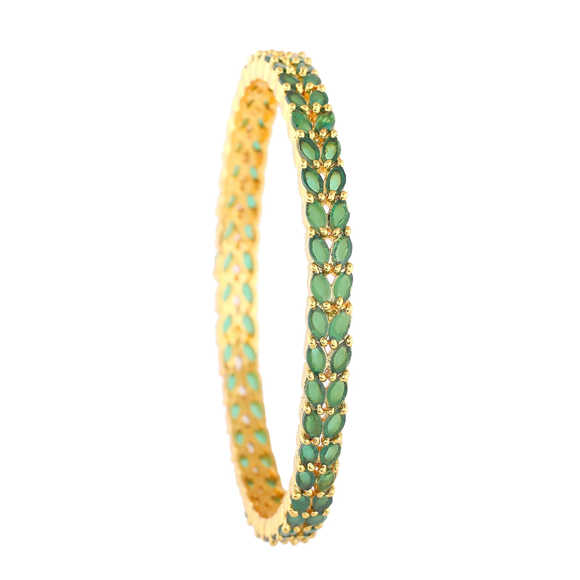 Estele Gold Plated Intricate Leafy Designer 2:6 Size Bangles with Green American Diamonds | Graceful Designer Jewelry for Women
