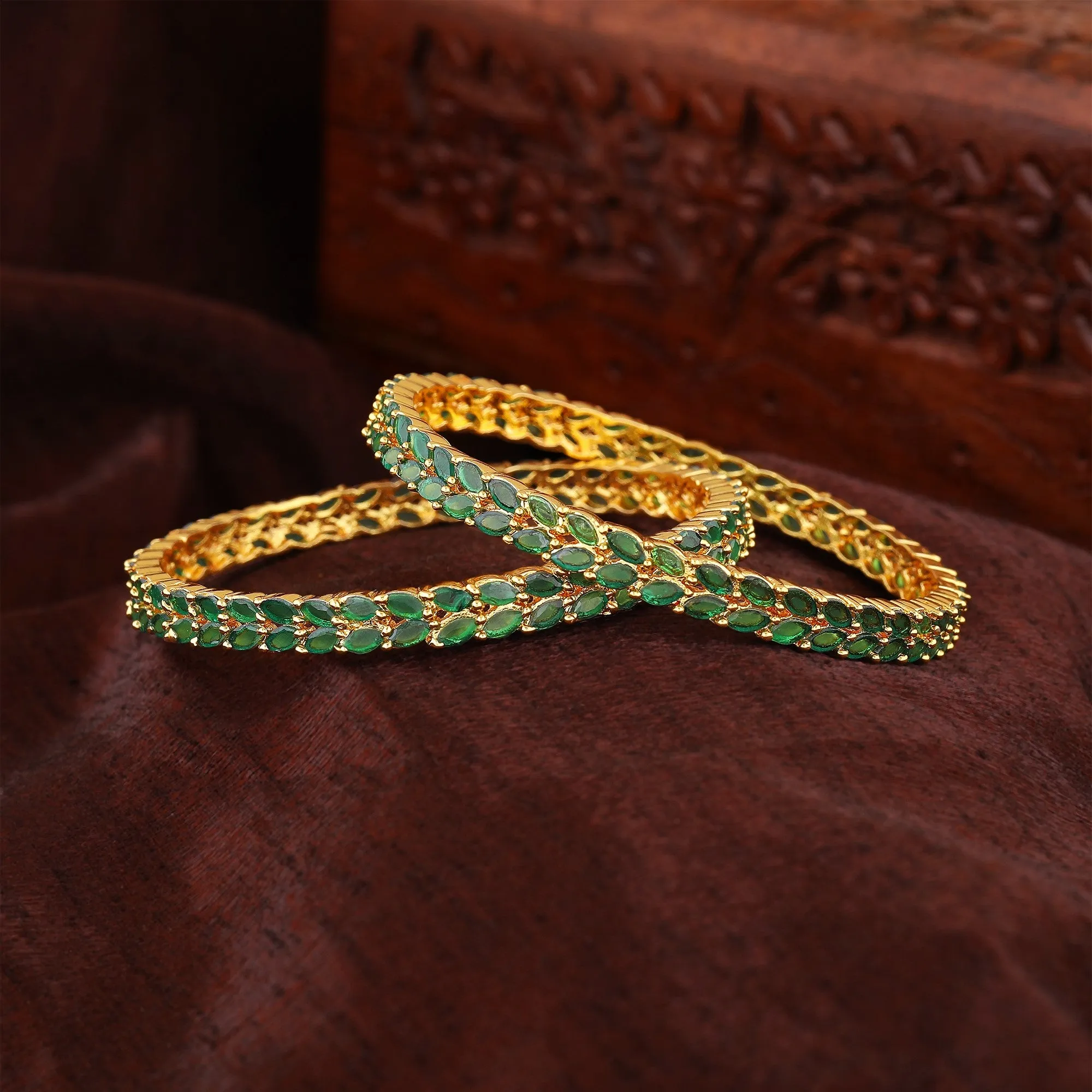 Estele Gold Plated Intricate Leafy Designer 2:6 Size Bangles with Green American Diamonds | Graceful Designer Jewelry for Women
