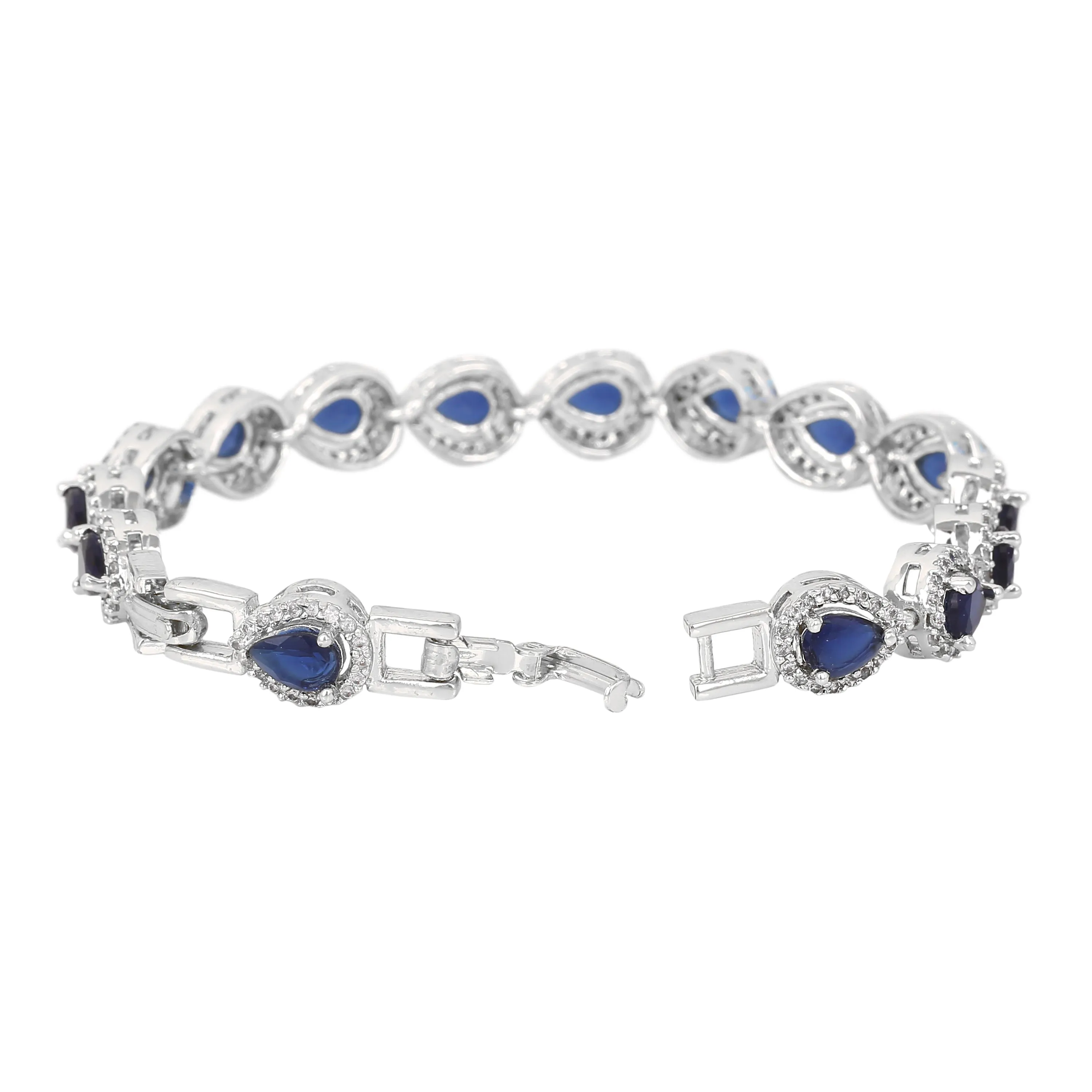 Estele Rhodium Plated CZ Drop Designer Charm Bracelet with Blue American Diamonds for Women